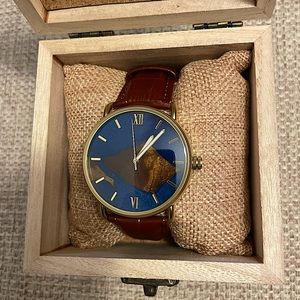 Mens Wood & Blue Resin Watch REAL Leather Strap Engraved